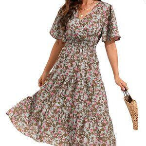 Women's Wrap V Neck Midi Dress Short Sleeve Smocked Waist Tiered A Line Pleated